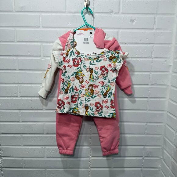 Disney Princess NWT 3 Piece Hoodie TShirt Legging Set Pink Gold 2T Ariel Belle - Picture 4 of 16